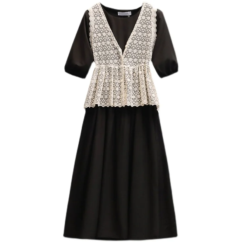 Plus size women Summer dresses elegant vintage black dresses and sleeveless flower lace embroidery vest two piece dresses 5XL
Plus size women Summer dresses elegant vintage black dresses and sleeveless flower lace embroidery vest two piece dresses 5XL