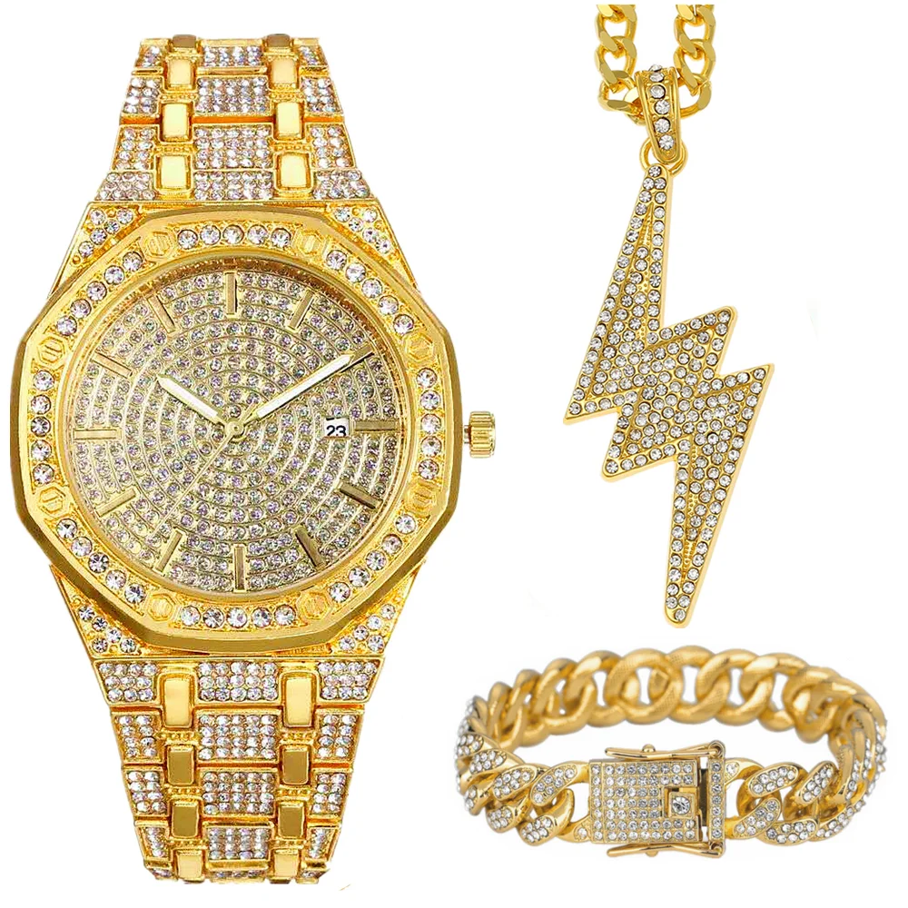 Iced Out Watch Necklace Cuban Bracelet for Men 3pcs Diamond Watch Men Bling Fashion Jewelry Gold Watch Lightning Pendant Relojes
Iced Out Watch Necklace Cuban Bracelet for Men 3pcs Diamond Watch Men Bling Fashion Jewelry Gold Watch Lightning Pendant Relojes