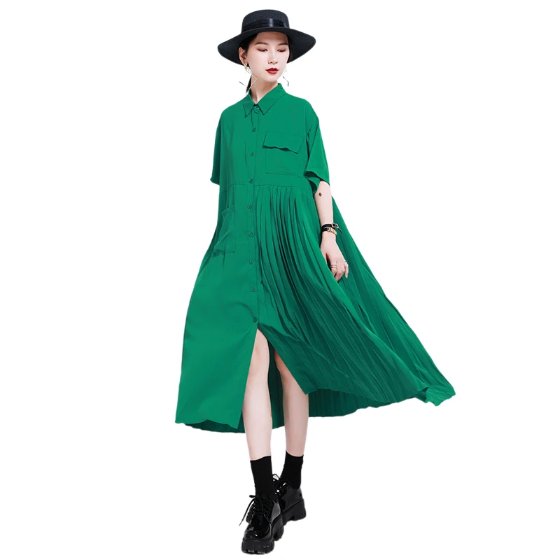 Summer New Loose And Thin Dress Short Sleeve Lapel Pleated Skirt Medium Length Dress For Women 4colors
Summer New Loose And Thin Dress Short Sleeve Lapel Pleated Skirt Medium Length Dress For Women 4colors