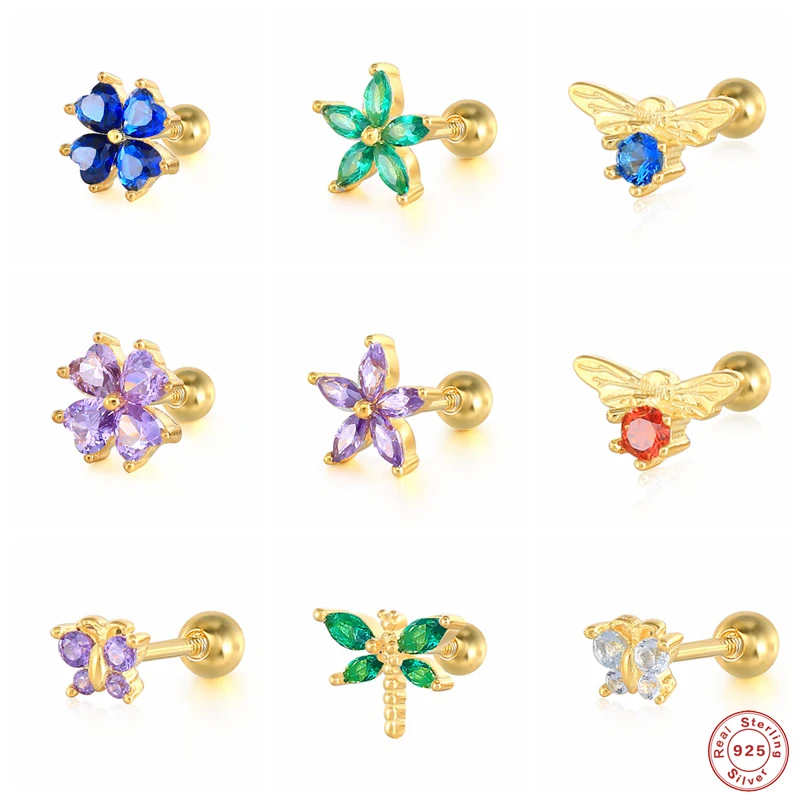 

Aide 925 Sterling Silver Colorful Zircon Butterfly Bee Stud Earrings For Women Mini Insect Dragonfly Ear Studs Piercing Jewelry