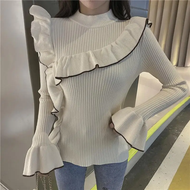 Elegant Ruffles Women Sweater Fashion Flare Long Sleeve Slim White Knitted Pullover Jumper Casual Autumn Female Top 
Elegant Ruffles Women Sweater Fashion Flare Long Sleeve Slim White Knitted Pullover Jumper Casual Autumn Female Top