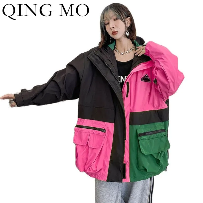 

QING MO Contrasting Color Stitching Tooling Style Jacket 2021 Autumn Winter New Hooded Thick Warm Cotton Jacket Women ZWL1277