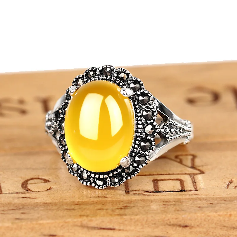 Green Agate 925 Silver Rings Vintage Wedding Engagement Sterling for Women Oval Adjustable Natural Stone Ring | Украшения и