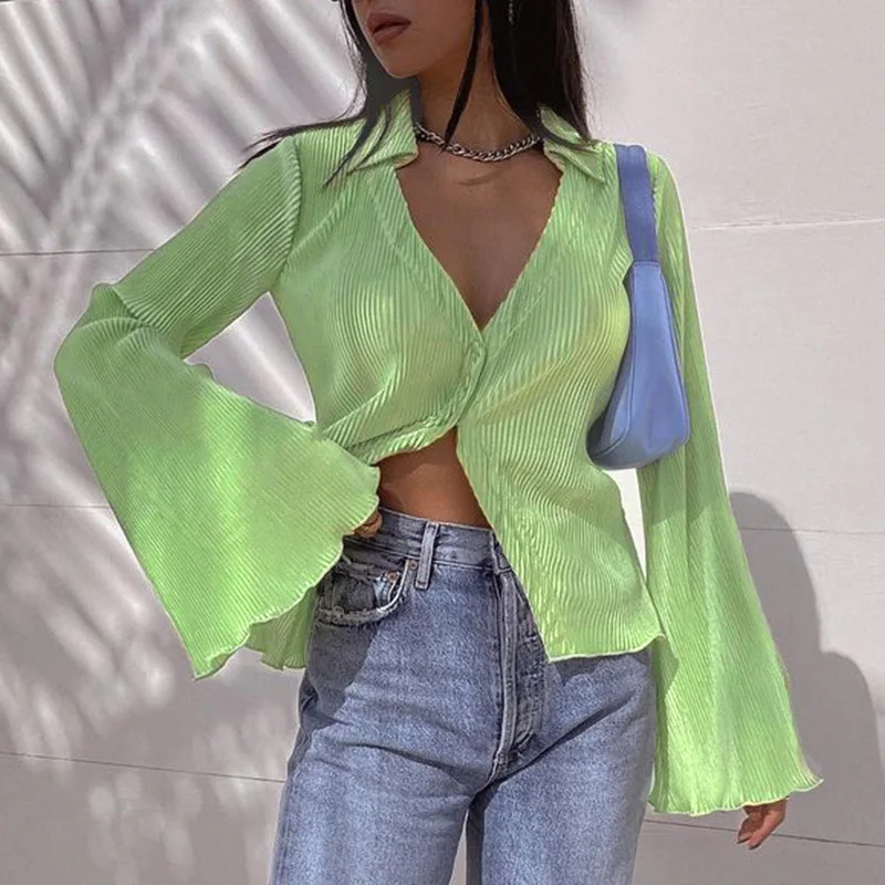 Y2K Button Up Long Sleeve Tops Woman Flare Sleeve Single Breasted Blouses Autumn Cardigan Vintage Polo-Neck Green Shirt
Y2K Button Up Long Sleeve Tops Woman Flare Sleeve Single Breasted Blouses Autumn Cardigan Vintage Polo-Neck Green Shirt