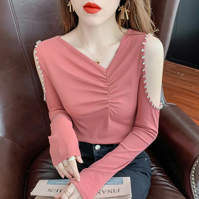 #8894 Pink Black Grey Sexy Long Sleeve T Shirt Women Skew Collar Beadings Off Shoulder T Shirt Female Cotton Slim Women T-shirt
#8894 Pink Black Grey Sexy Long Sleeve T Shirt Women Skew Collar Beadings Off Shoulder T Shirt Female Cotton Slim Women T-shirt