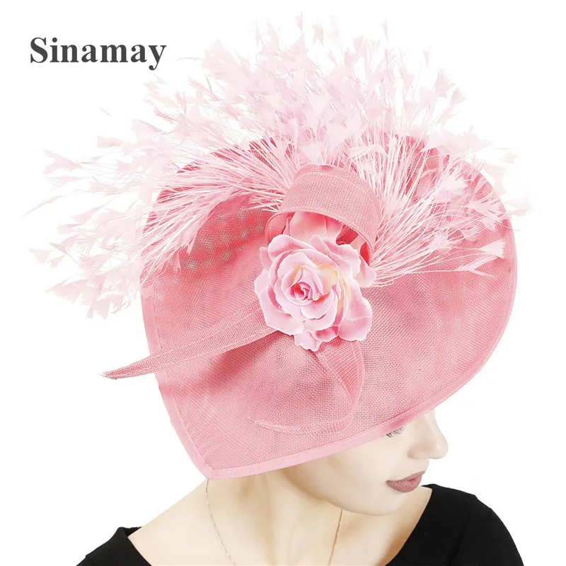 

Pink Elegant Lady Feather Fascinator Hat Women Flower Cocktail Cap Wedding Party Church Pillbox Hat peach Fedora Hair Accessory