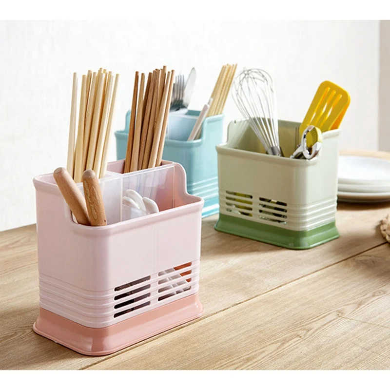 Kitchen Cutlery Storage Box Hollow Drainage Chopsticks Desktop Pen Holder Four Grid Candy Color | Дом и сад