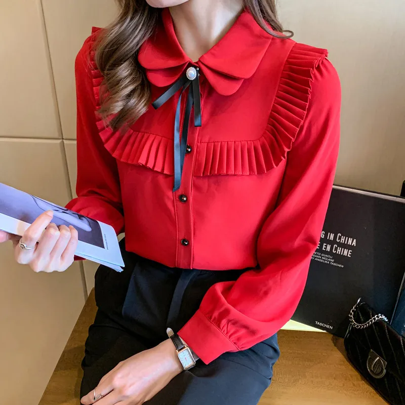 Solid red autumn women shirt bow tie Double-layer collar buttons office ladies elegant blouse chiffon ruffled tops new 2021
Solid red autumn women shirt bow tie Double-layer collar buttons office ladies elegant blouse chiffon ruffled tops new 2021