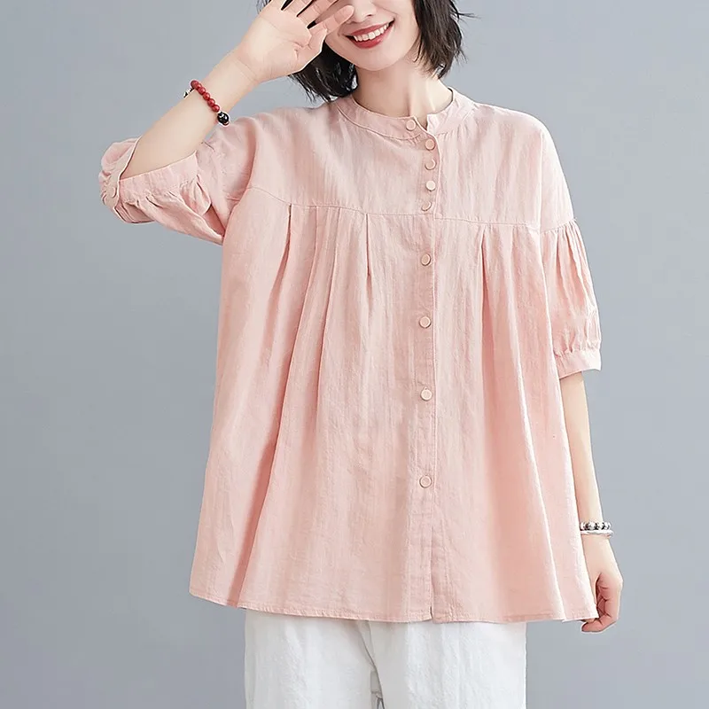 Women Cotton Linen Casual Shirts New 2021 Summer Vintage Style Stand Collar Loose Female Short Sleeve Tops S3753 
Women Cotton Linen Casual Shirts New 2021 Summer Vintage Style Stand Collar Loose Female Short Sleeve Tops S3753