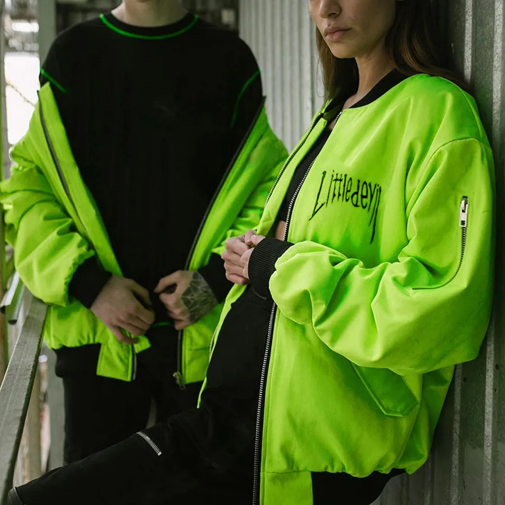 women streetwear outwear Fluorescent green jacket Women Street stand Collar Zipper Letter Print Long Sleeve Coat#g3 | Женская одежда