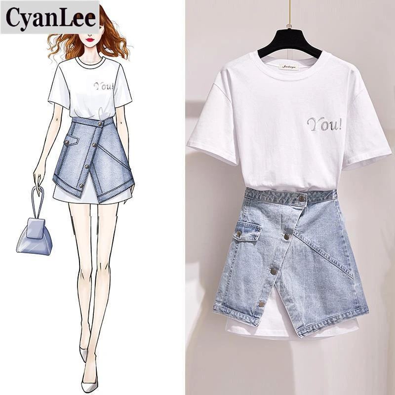 Tracksuit 2 Piece Set Women Summer Fashion Pattern Tshirt+Jean Skirt Elegant Criss-Cross Lady Casual Suit 2 Pcs Sets Large Size
Tracksuit 2 Piece Set Women Summer Fashion Pattern Tshirt+Jean Skirt Elegant Criss-Cross Lady Casual Suit 2 Pcs Sets Large Size