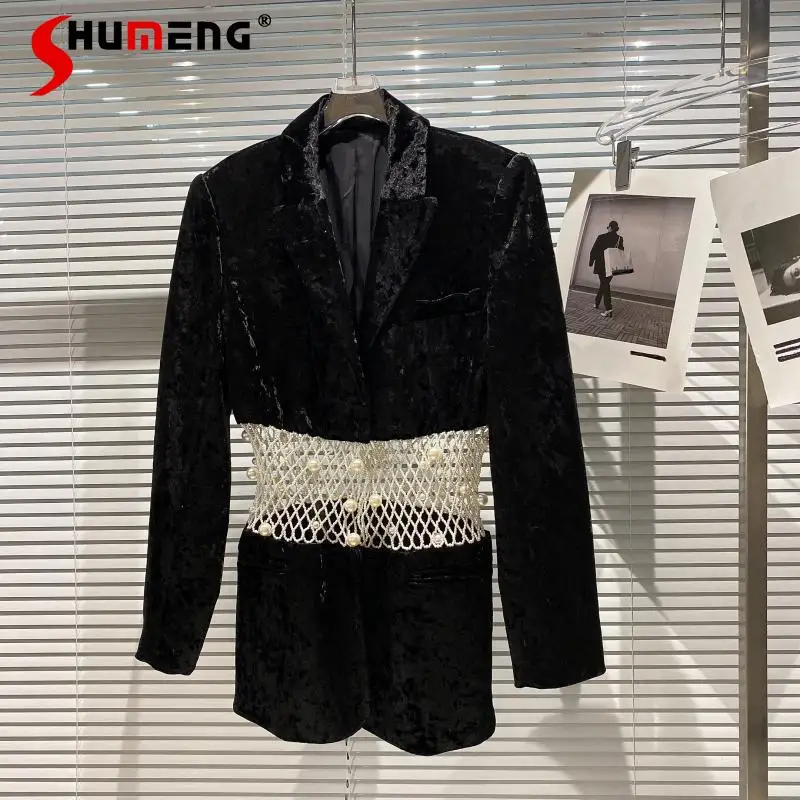 2021 Autumn New Female Pearl Hollowed-out Waist Dark Gold Velvet Shoulder Pad Suit Jacket Women's Fashion Solid Slim-Fit Blazers
2021 Autumn New Female Pearl Hollowed-out Waist Dark Gold Velvet Shoulder Pad Suit Jacket Women's Fashion Solid Slim-Fit Blazers