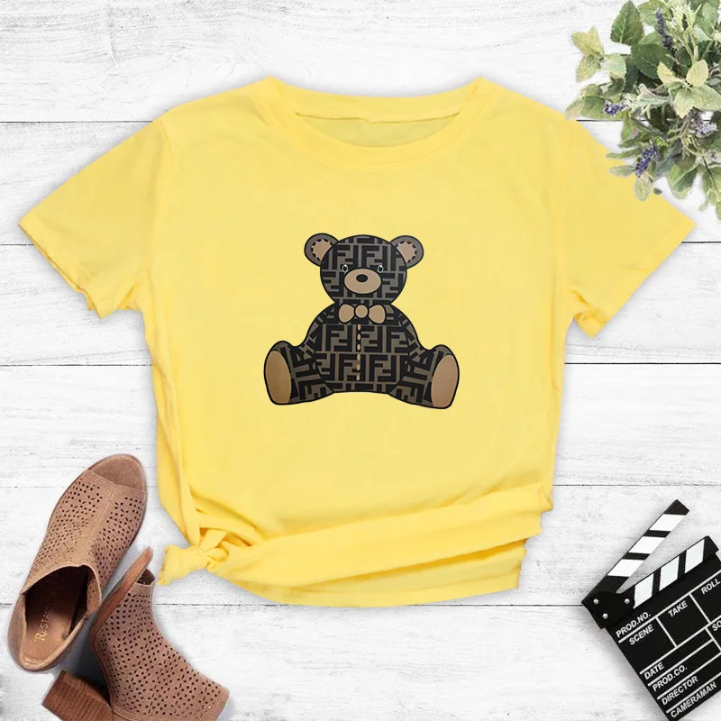 Short Sleeve T-Shirt WOMEN'S Dress 2021 Summer New Style High-Definition Cartoon Bear Printed Fashion Casual Crew Neck