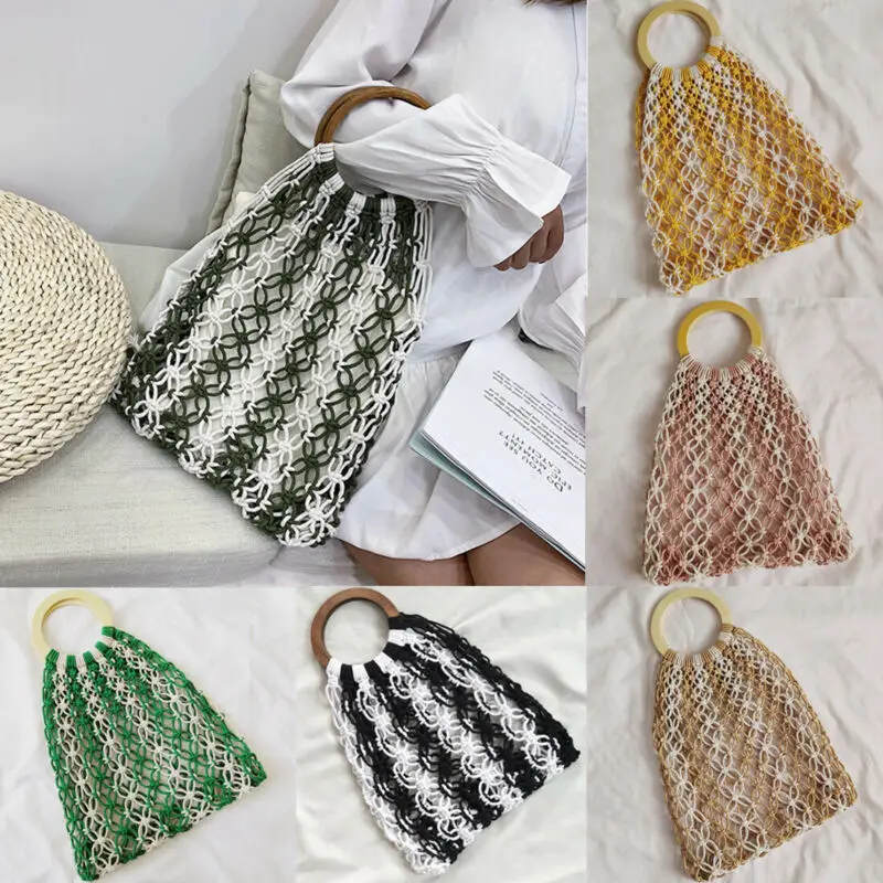 Boho Women Woven Mesh Bag Linen Weave Handbag Round Handle Bag Summer Beach Bags 
Boho Women Woven Mesh Bag Linen Weave Handbag Round Handle Bag Summer Beach Bags