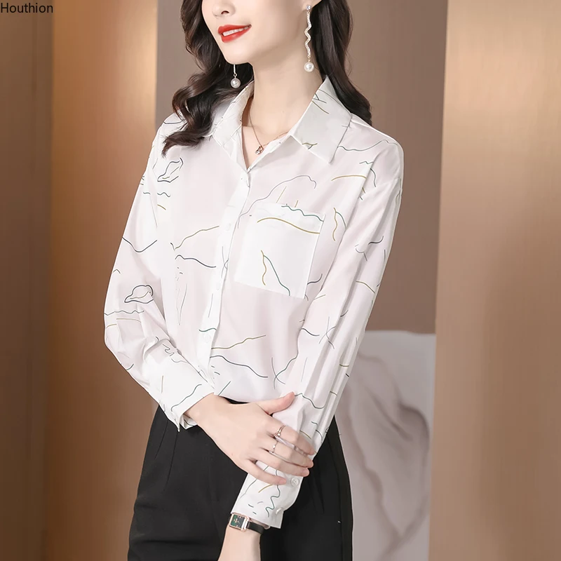 Chiffon Loose Women's Shirts New Fashion Blouses Line Printing Polo-neck Summer Casual Long Sleeve Blusas Houthion
Chiffon Loose Women's Shirts New Fashion Blouses Line Printing Polo-neck Summer Casual Long Sleeve Blusas Houthion