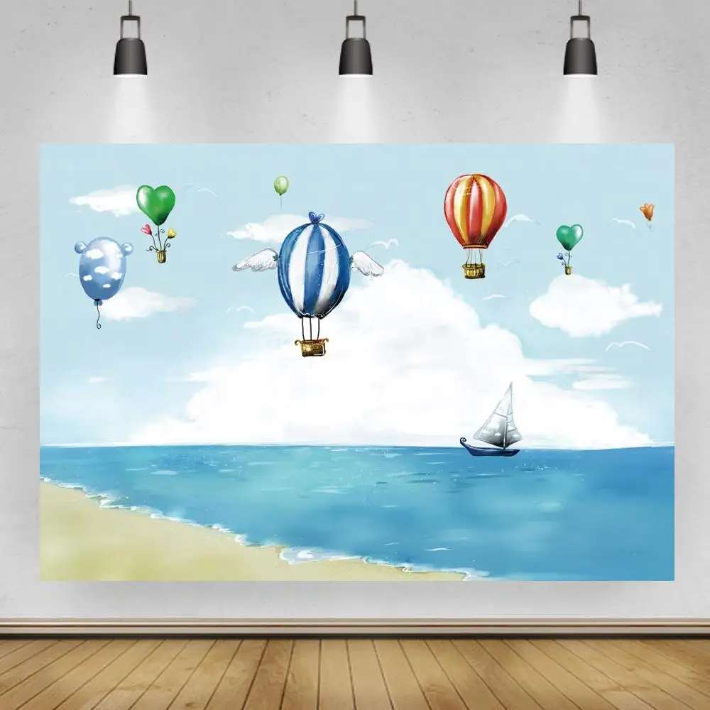 

Green Grass Earth Land Hot Air Balloons Fly On Blue Sky Scenic Photography Background Kids Portrait Backdrops For Photo Studio