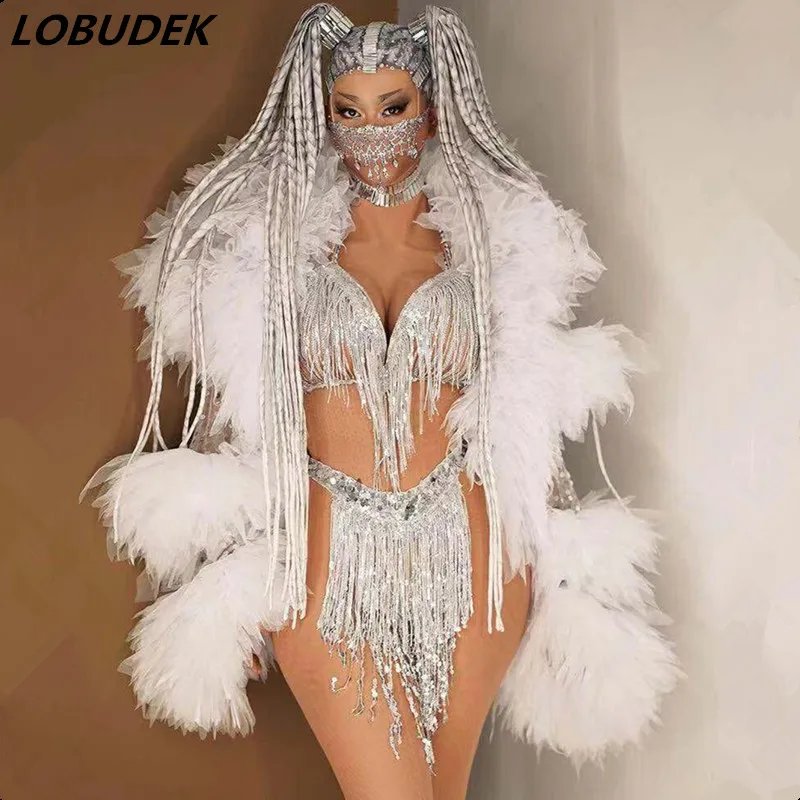 Nightclub Bar Sexy Stage Costume Silver Sequins Tassel Bikini Loose Voile Fringe Cloak Outfit DJ Dancer Singer Performance Set
Nightclub Bar Sexy Stage Costume Silver Sequins Tassel Bikini Loose Voile Fringe Cloak Outfit DJ Dancer Singer Performance Set