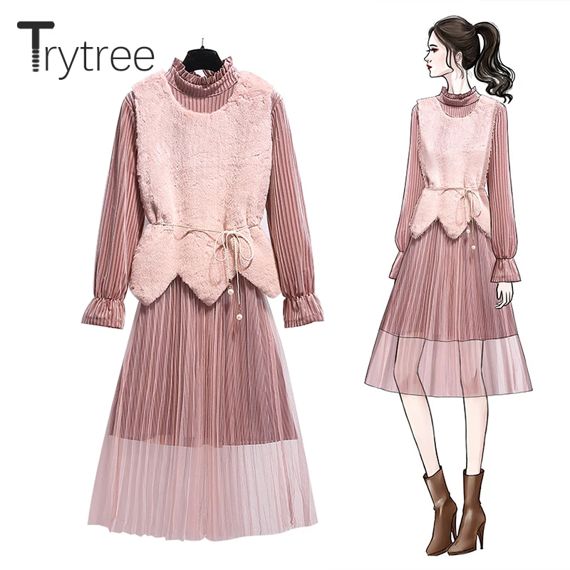 Trytree 2020 Autumn Winter Two piece set Casual Turtleneck Pleated Flare Sleeve Dress + Vest Belt Office Lady Set 2 Piece Set
Trytree 2020 Autumn Winter Two piece set Casual Turtleneck Pleated Flare Sleeve Dress + Vest Belt Office Lady Set 2 Piece Set