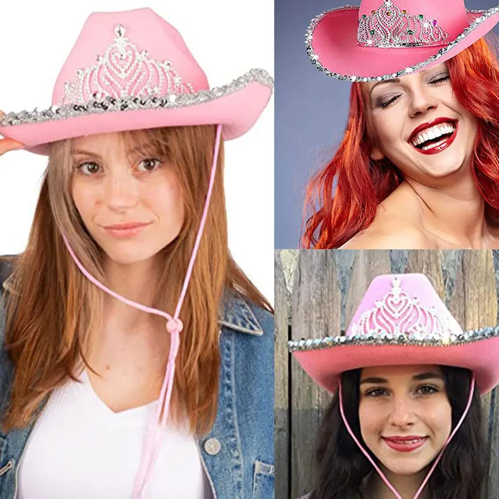 

1Pcs Tiara Holiday Costume Party Hat Sequins Edge Cap Pink Western Cowboy Caps Cowgirl Hat for Women Girl Sombrero De Vaquero