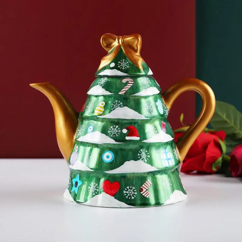 

1.2L Whiteware Teapot Christmas Tree Shape Cartoon Pattern Porcelain Teapot Creative Flower Vase Living Room Household Drinkware