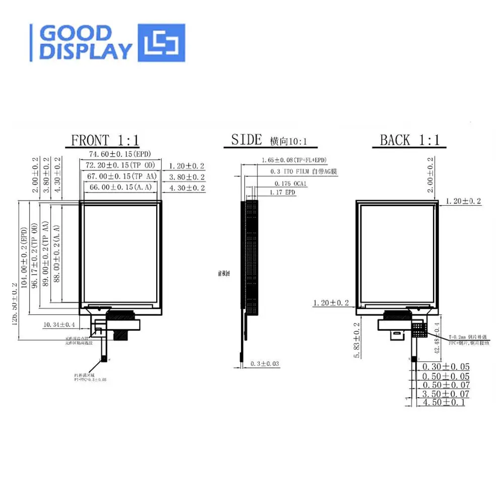 4.3 inch with capacitive touch panel, high-resolution e-paper display GDE043A2-T
4.3 inch with capacitive touch panel, high-resolution e-paper display GDE043A2-T