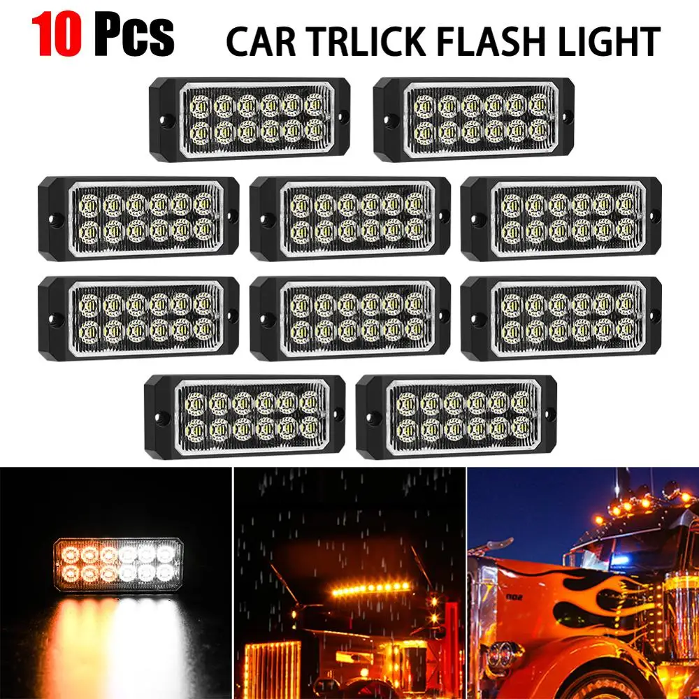 

12 LED Car Strobe Flash Lights 10Pcs Emergency 12 LED Amber White Strobe Light Tow Truck Flashing Warning Lamp 12V-24V