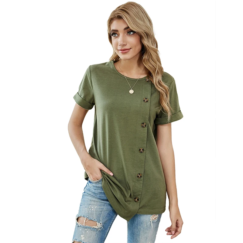 Summer Women T-shirt Asymmetric O-Neck Short Roll Sleeve Single Breasted Casual Loose Home Style Patchwork Basic Solid Tops 2021
Summer Women T-shirt Asymmetric O-Neck Short Roll Sleeve Single Breasted Casual Loose Home Style Patchwork Basic Solid Tops 2021