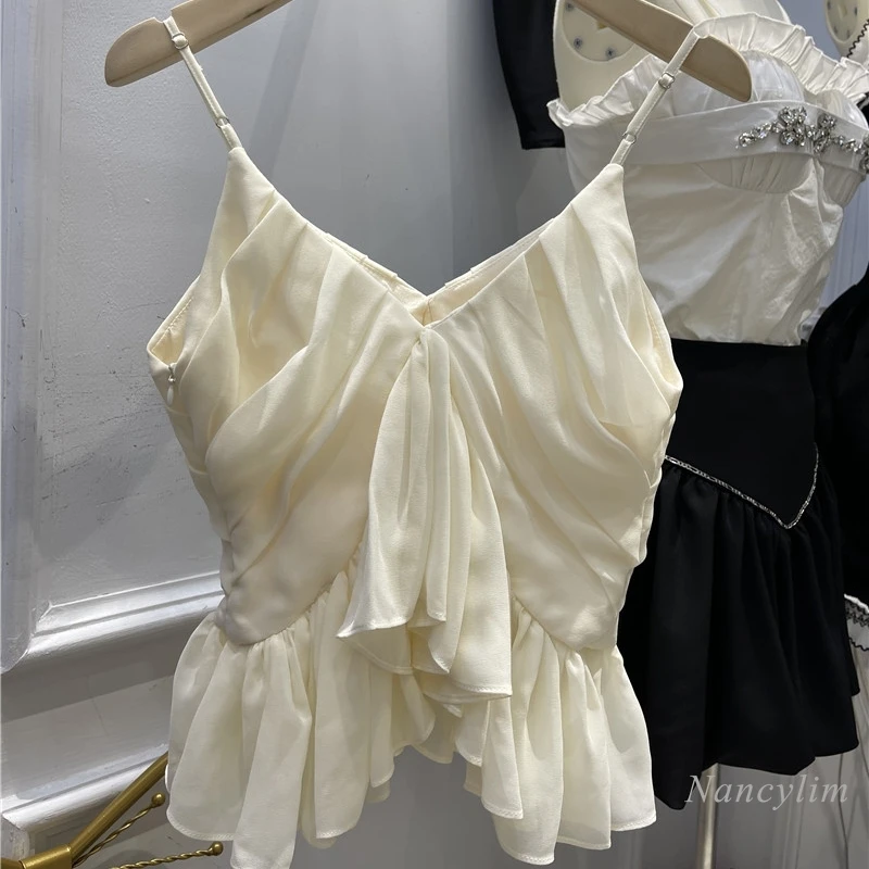 Chiffon Camisole Women New Ruffled Pleated V-neck Spaghetti Straps Shirt Summer Slimming Solid Color Short Backless Top 
Chiffon Camisole Women New Ruffled Pleated V-neck Spaghetti Straps Shirt Summer Slimming Solid Color Short Backless Top