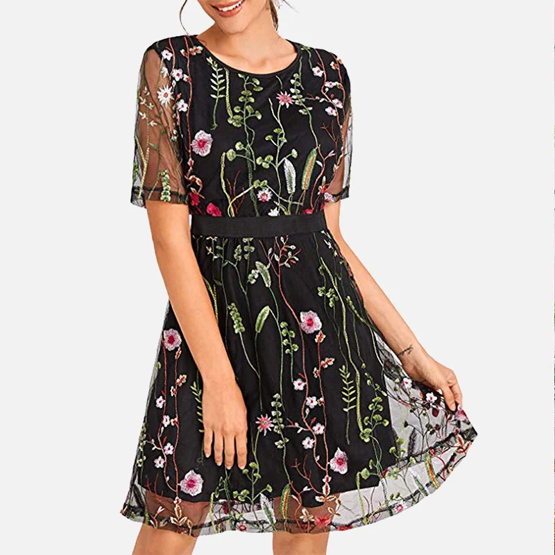 Цветочная вышивка с сеткой миди платье для женщин линия Высокая Waust женские