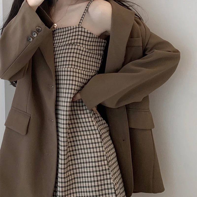 2021 Spring Summer New French Suit Coat Jacket Women's Inner Fitted A Line Plaid Strap Mini Dress Two-Piece Suit Office Clothing
2021 Spring Summer New French Suit Coat Jacket Women's Inner Fitted A Line Plaid Strap Mini Dress Two-Piece Suit Office Clothing