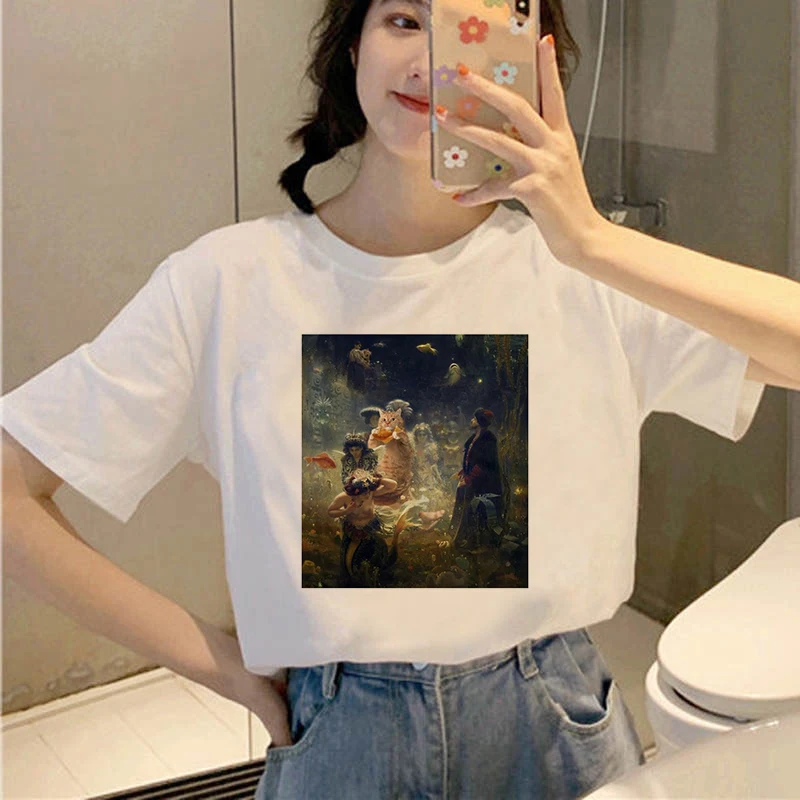 Women's T-shirt Kawaii cat oil painting print T-shirt basic O-neck short-sleeved ladies white graphic girl T-shirt
Women's T-shirt Kawaii cat oil painting print T-shirt basic O-neck short-sleeved ladies white graphic girl T-shirt