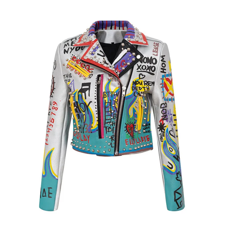 New 2022 Graffiti Fashion Women Motorcycle Pu Faux Leather Jacket Female Short Style Biker Jackets Printing Rivet Womens Coat
New 2022 Graffiti Fashion Women Motorcycle Pu Faux Leather Jacket Female Short Style Biker Jackets Printing Rivet Womens Coat