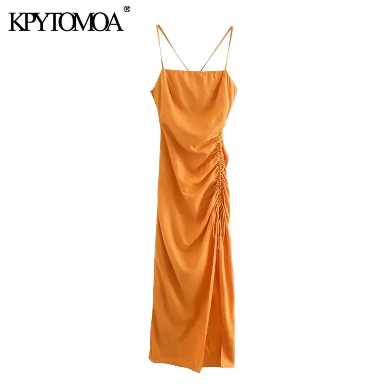 

KPYTOMOA Women 2021 Chic Fashion Draped Detail with Adjustable Tie Midi Dress Vintage Backless Side Zipper Straps Female Dresses