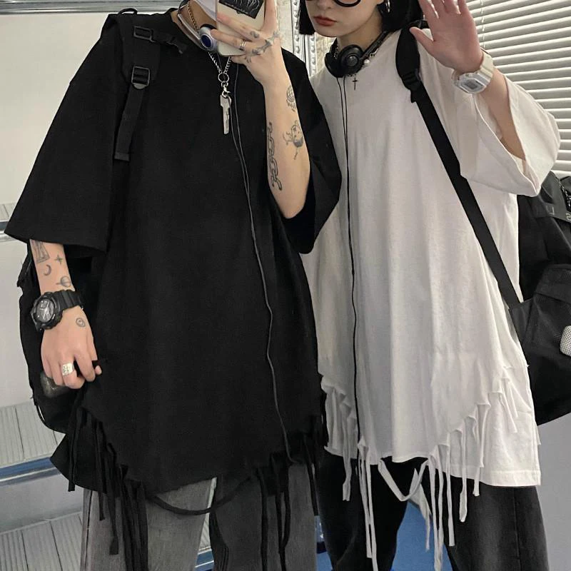 Korean Style High Street Hip Hop Ripped Hole Men Tshirts Summer Couple Spliced Tassel Loose Short Sleeve Clothes Black White Top
Korean Style High Street Hip Hop Ripped Hole Men Tshirts Summer Couple Spliced Tassel Loose Short Sleeve Clothes Black White Top