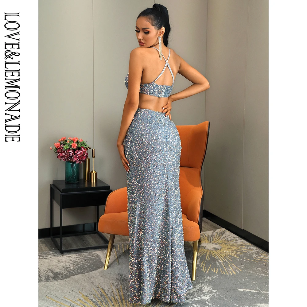 LOVE&LEMONADE Sexy V-Neck Cut Out Cross Shape Gray Sequins Bodycon Halter Maxi Dress LM82976-1
LOVE&LEMONADE Sexy V-Neck Cut Out Cross Shape Gray Sequins Bodycon Halter Maxi Dress LM82976-1