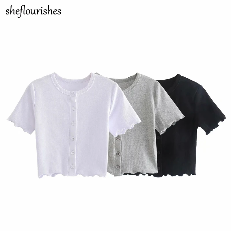 Summer short sleeve shirt women casual t shirt ruffle knit top kawaii button up shirts solid o neck top white cropped tees 2021
Summer short sleeve shirt women casual t shirt ruffle knit top kawaii button up shirts solid o neck top white cropped tees 2021