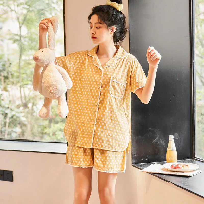 Female Yellow 2PCS Cotton Polka Dot Pajamas Set Summer Sweet Lace Trim Nightwear Lounge Turn-down Collar Shirt&Shorts Home Wear
Female Yellow 2PCS Cotton Polka Dot Pajamas Set Summer Sweet Lace Trim Nightwear Lounge Turn-down Collar Shirt&Shorts Home Wear