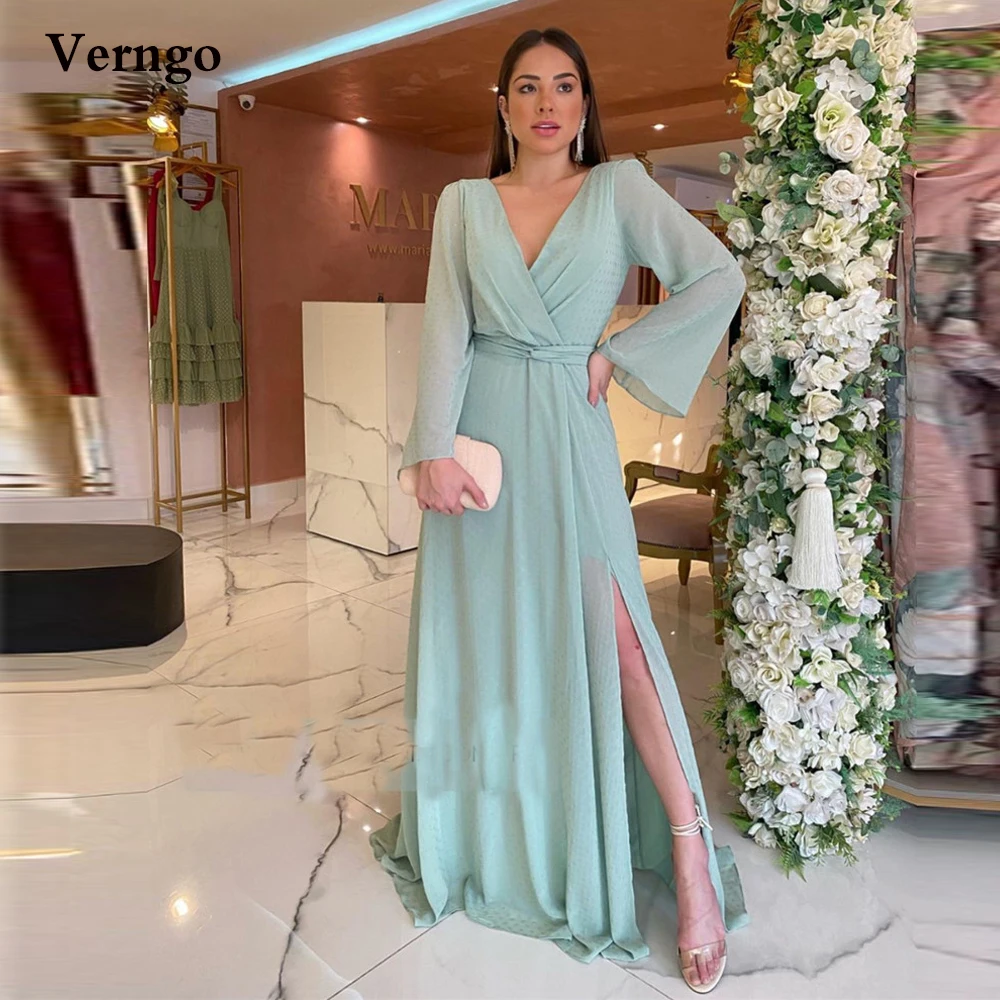 Verngo Modest Pale Green Dots Chiffon Evening Dress Long Sleeves V Neck Side Slit Floor Leng Prom Gowns Women Formal Dresses
Verngo Modest Pale Green Dots Chiffon Evening Dress Long Sleeves V Neck Side Slit Floor Leng Prom Gowns Women Formal Dresses