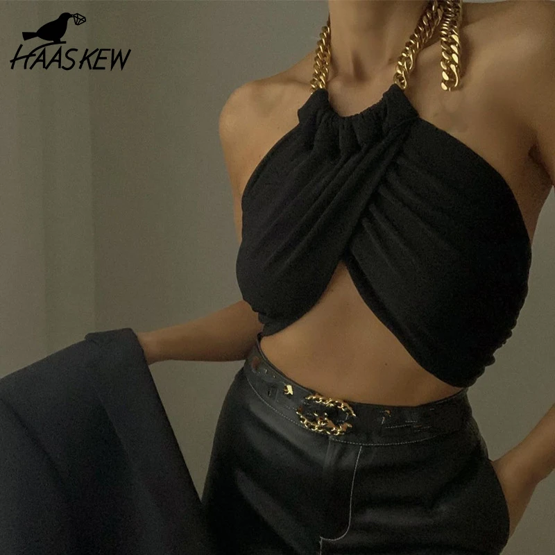 HAASKEW Summer Fashion Chic Halter Chain Crop Tops for Women Backless Cropped Feminino Black Wrap Top 2021 Streetwear
HAASKEW Summer Fashion Chic Halter Chain Crop Tops for Women Backless Cropped Feminino Black Wrap Top 2021 Streetwear