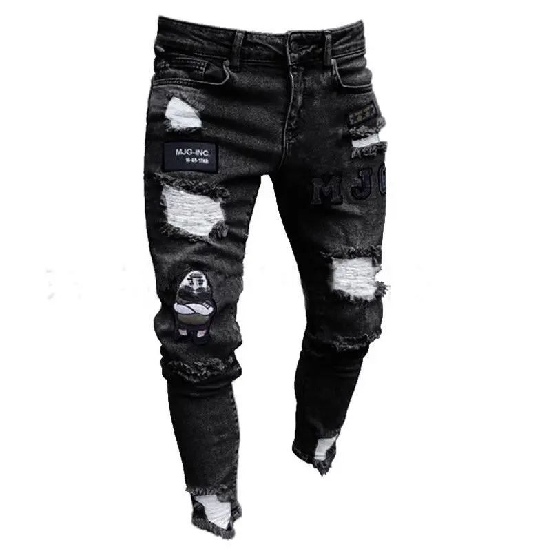 

2020 New Men Stretchy Ripped Skinny Biker Embroidery Print Jeans Destroyed Hole Taped Slim Fit Denim Scratched High Quality Jean