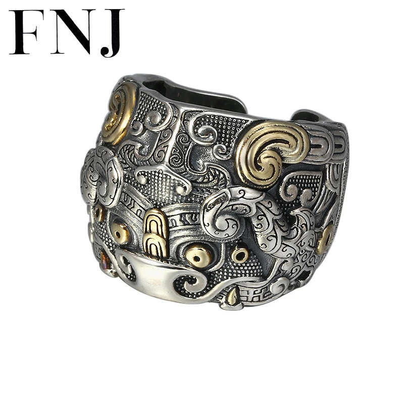 

FNJ Pixiu Ring 925 Silver New Fashion Original S925 Sterling Silver Rings for Men Jewelry Adjustable Size Good Luck Red Stone