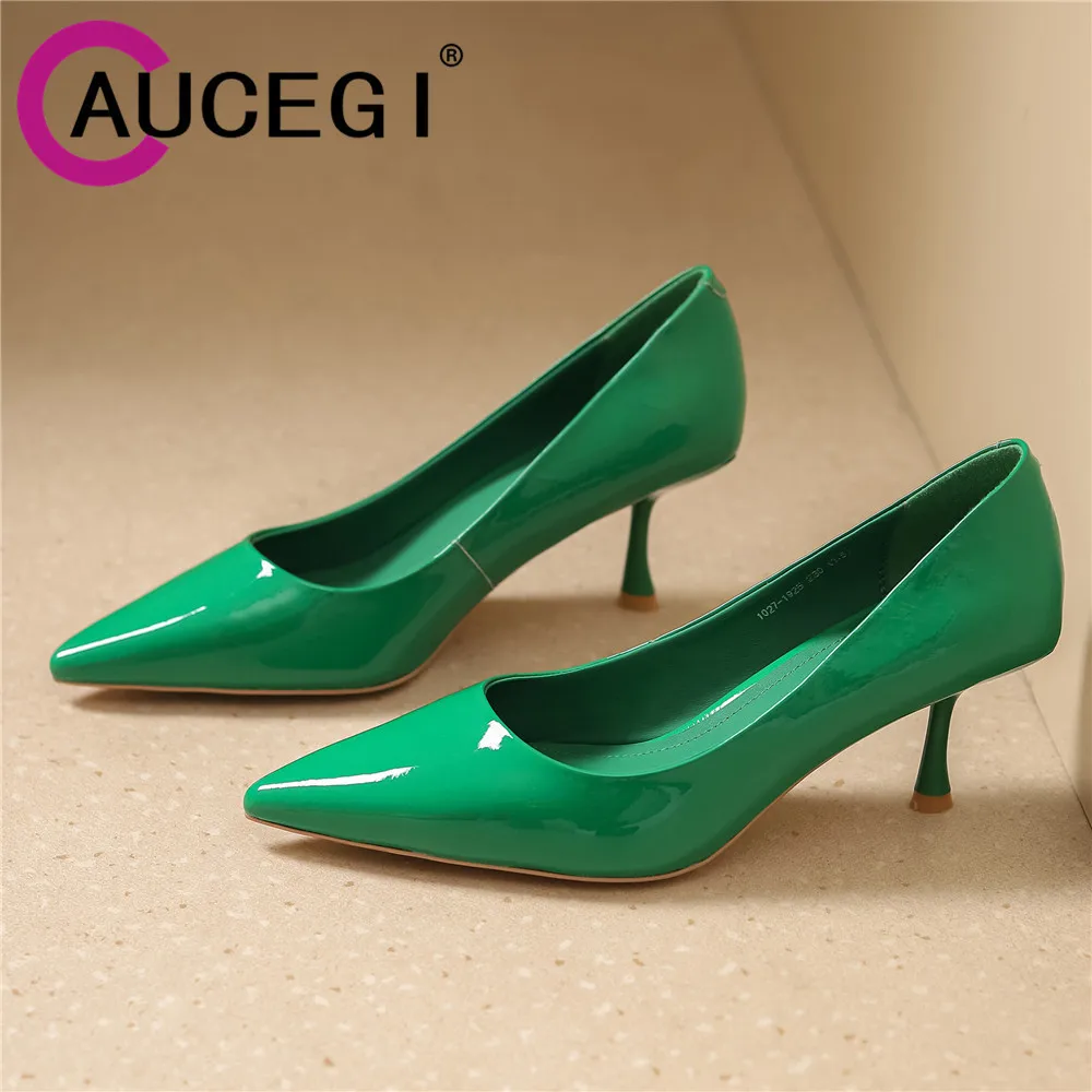 

Aucegi Hot Sale Spring Autumn Patent Leather Concise Women Pointed Toe Office High Heels Pumps Sexy Shallow Party Wedding Shoes