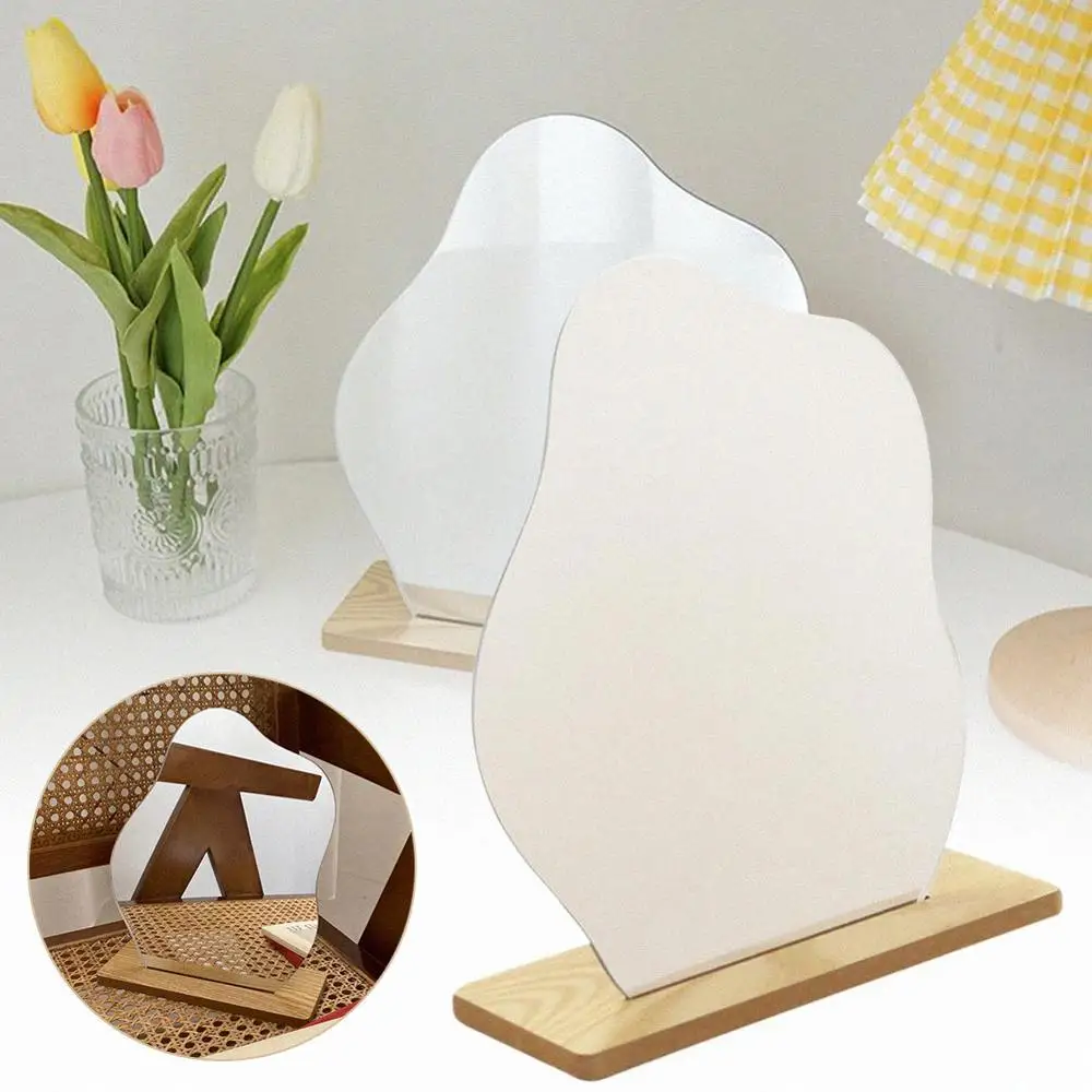 Acrylic Makeup Mirror with Wooden Base Stand Irregular Edge Desktop Cosmetic Mirror 
Acrylic Makeup Mirror with Wooden Base Stand Irregular Edge Desktop Cosmetic Mirror