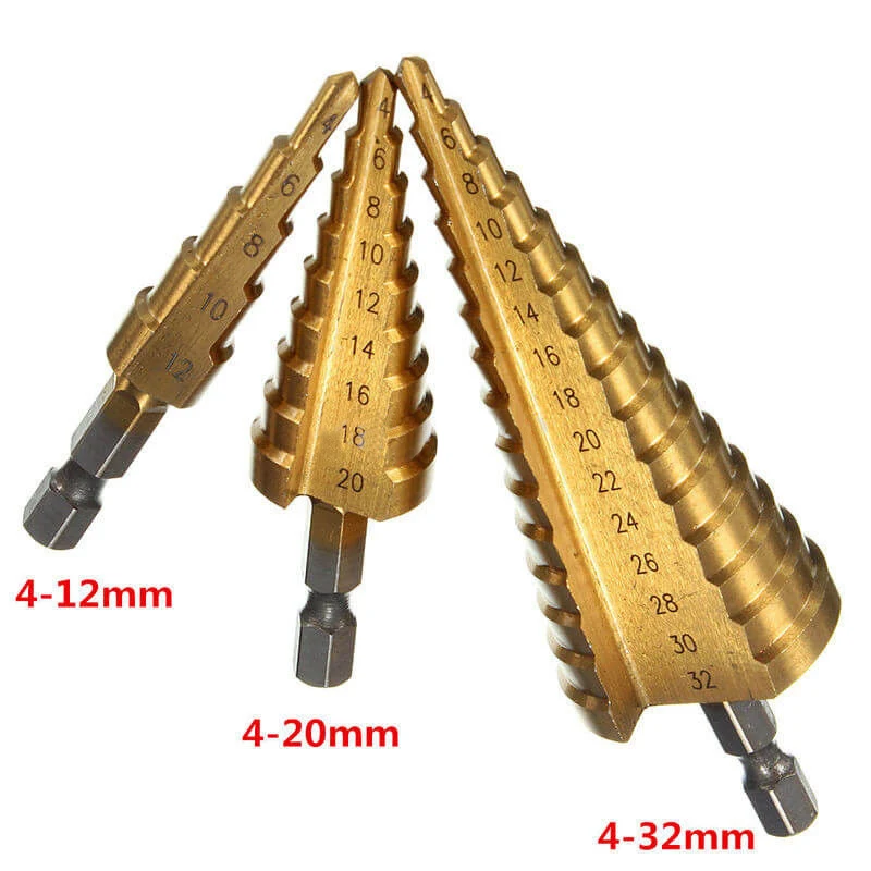 4-12mm 4-20mm 4-32mm Titanium Step Spiral Groove Conical Cone Drill HSS Bit Set Hole Cutter Y1 For Steel Brass Wood Plastic part
4-12mm 4-20mm 4-32mm Titanium Step Spiral Groove Conical Cone Drill HSS Bit Set Hole Cutter Y1 For Steel Brass Wood Plastic part