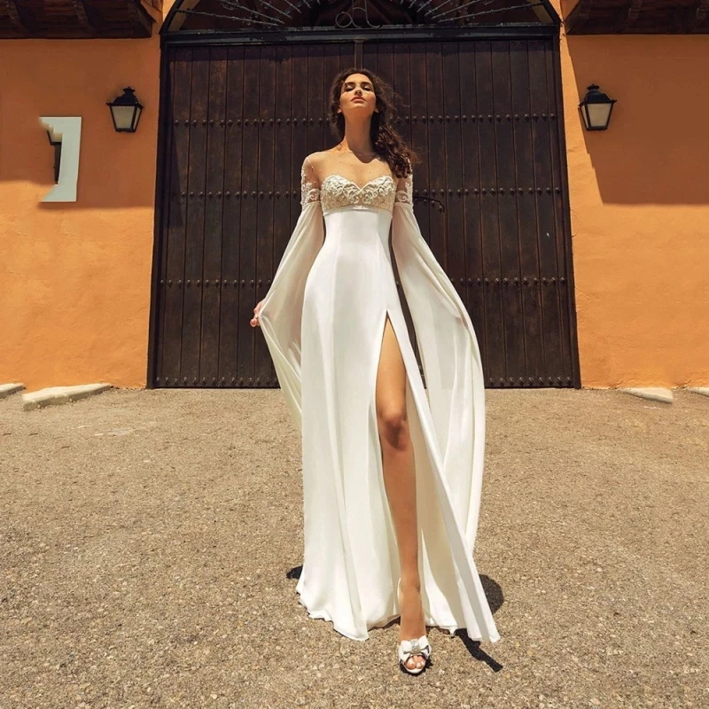 Fivsole A-Line Chiffon Wedding Dress Long Sleeves Beads Appliques Bridal Gowns Sexy High Side Split Sweetheart Vestido De Noiva 
Fivsole A-Line Chiffon Wedding Dress Long Sleeves Beads Appliques Bridal Gowns Sexy High Side Split Sweetheart Vestido De Noiva