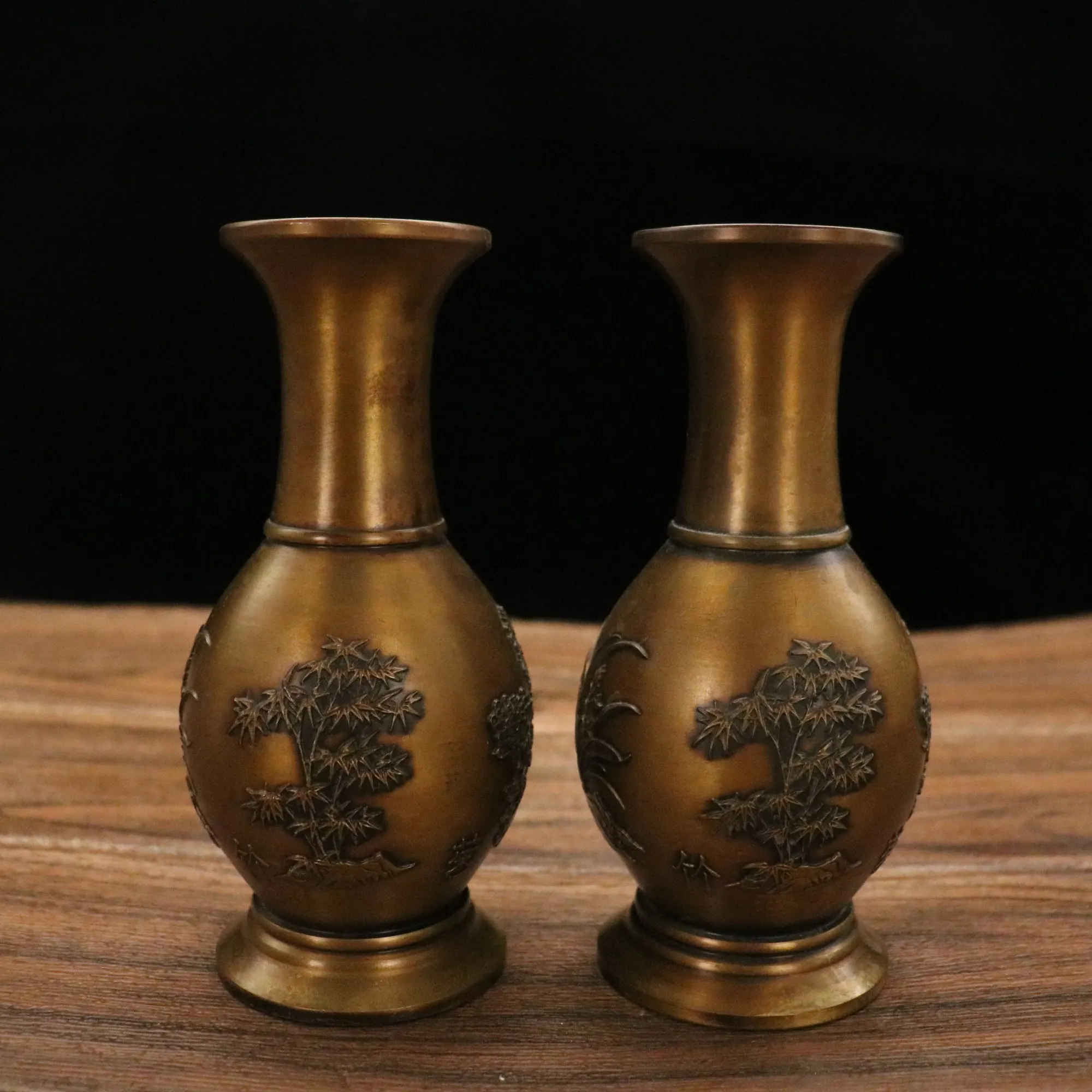 

7"Tibetan Temple Collection Old Brass plum Orchid Bamboo Four Seasons Flower Vase A pair Office Ornaments Town House Exorcism