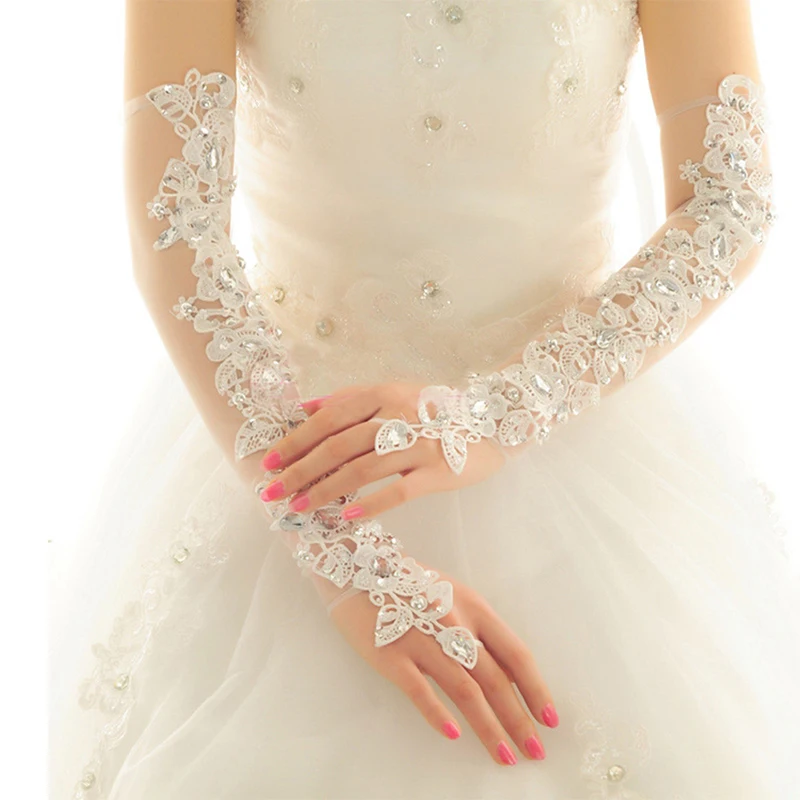 Opera Length Long Wedding Dress Gloves Crystals Diamond Gauze Embroidery Elegant Womens Lace Bridal Wholesale Cheap Price | Свадьбы и