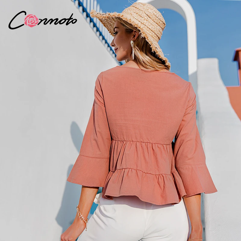 Conmoto Casual solid o-neck ruffled women blouses spring summer Elegant three quarter sleeve blouse female Office lady tops new
Conmoto Casual solid o-neck ruffled women blouses spring summer Elegant three quarter sleeve blouse female Office lady tops new