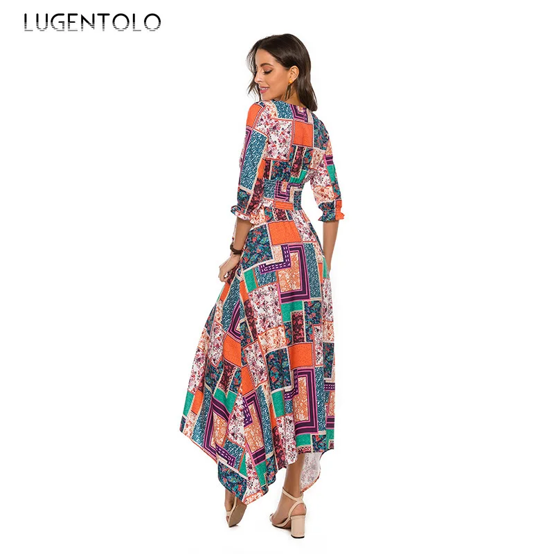 Women Bohemia Dress Summer Beachv-neck Half Sleeve Dresses Female Casual Loose Big Swing Thin Print Button Dress Lugentolo
Women Bohemia Dress Summer Beachv-neck Half Sleeve Dresses Female Casual Loose Big Swing Thin Print Button Dress Lugentolo