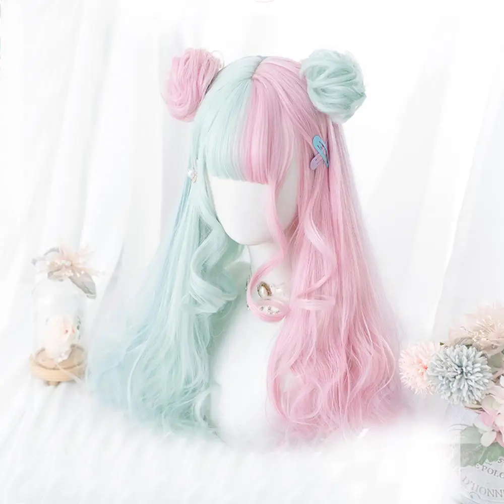 

Cosplaymix 57CM Lolita Makaron Color Pink Mixed Mint Green Blue Ombre Long Curly Bangs Cute Synthetic Buns Cosplay Wig